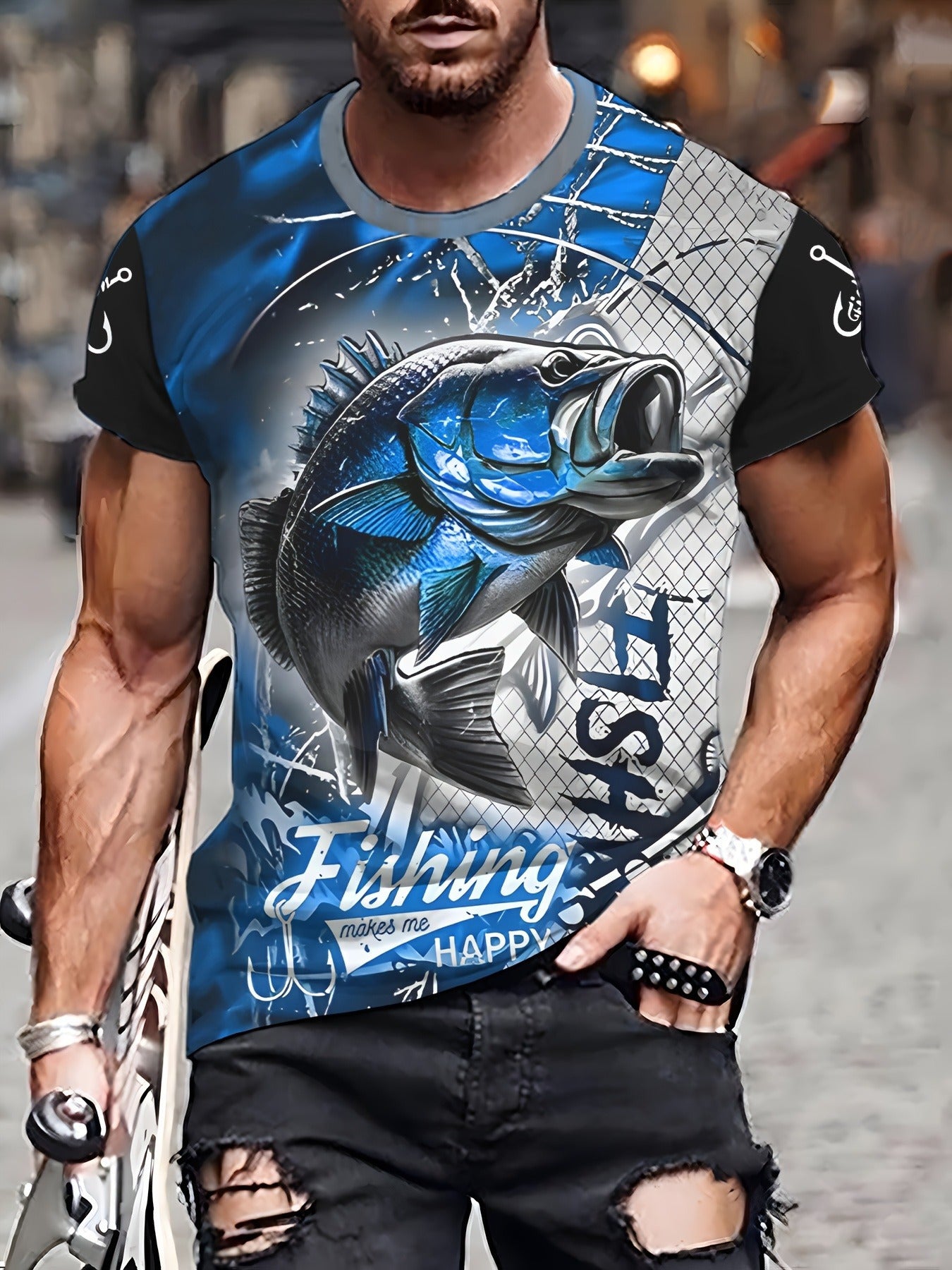 Men'S 3D Printed Fish T-Shirt | Suitable for Summer Outdoor Activities, Fishing, and Cycling | Crew Neck, Regular Fit, Slight Stretch Fabric
