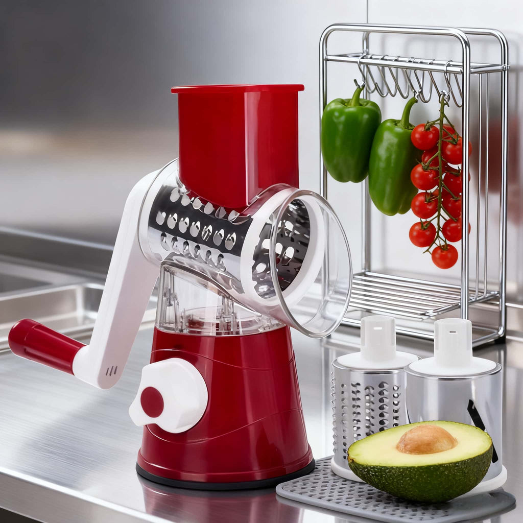 New Manual Food Processor & Shredder - Heavy-Duty Metal Drum Slicer