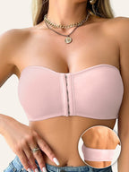 1pc Women's Strapless T-Shirt Bra with Front Clasp & 6-Row Zipper Closure - No Underwire Seamless Full Coverage, Removable Pads Breathable High-Elasticity Soft Pink for Yoga Gym Casual Outfits - All-Season Wear, Gym Tank Top - The Superior Findings Depot