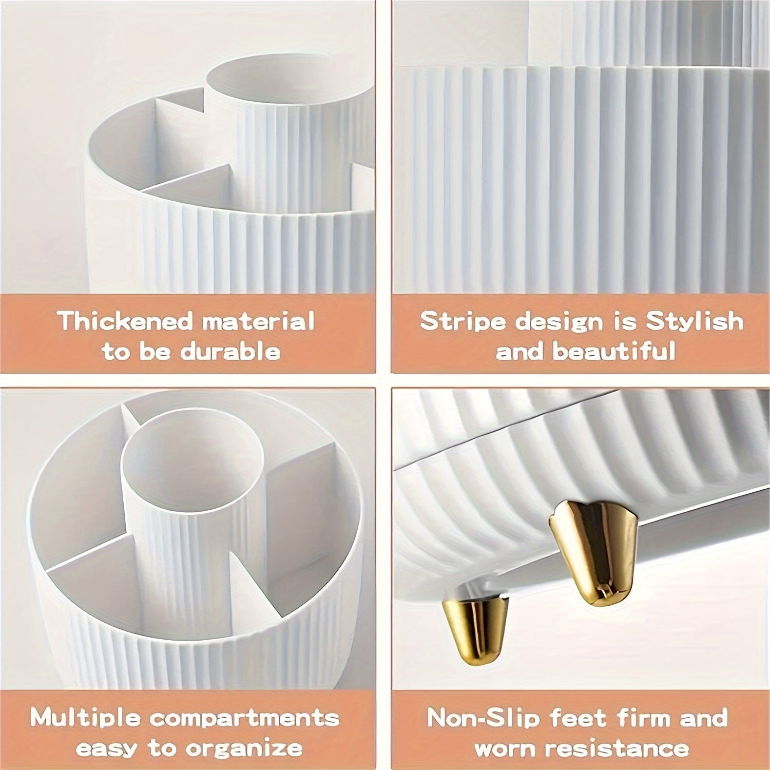 [5-Tier Rotating Organizer] 1pc ABERZEY 360° Rotating Makeup Organizer with 5-Tier Compartments - 360° Spinning Cosmetic & Desk Caddy, Durable Plastic White & Luxury Stripe Storage for Brushes, Lipsticks, Skincare, Statione - The Superior Findings Depot