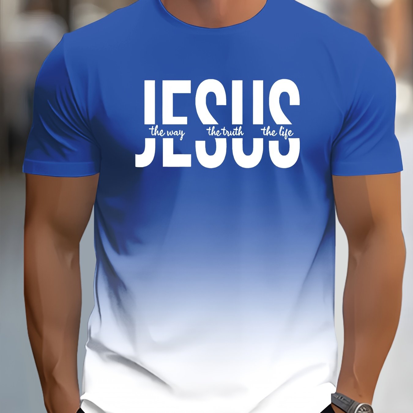Men's Short Sleeve T-Shirt with Bold "JESUS THE WAY TRUTH LIFE" Print - Green & White Gradient Casual Round Neck Tee, Machine Washable Regular Fit Religious Graphic Top - The Superior Findings Depot