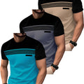 3 Pcs Men's Striped Short Sleeve T-Shirts - Casual Summer Tees in Black, Blue, Beige, Brown, Grey, Turquoise with Breathable Round Neck and Vertical Striped Sleeves - The Superior Findings Depot