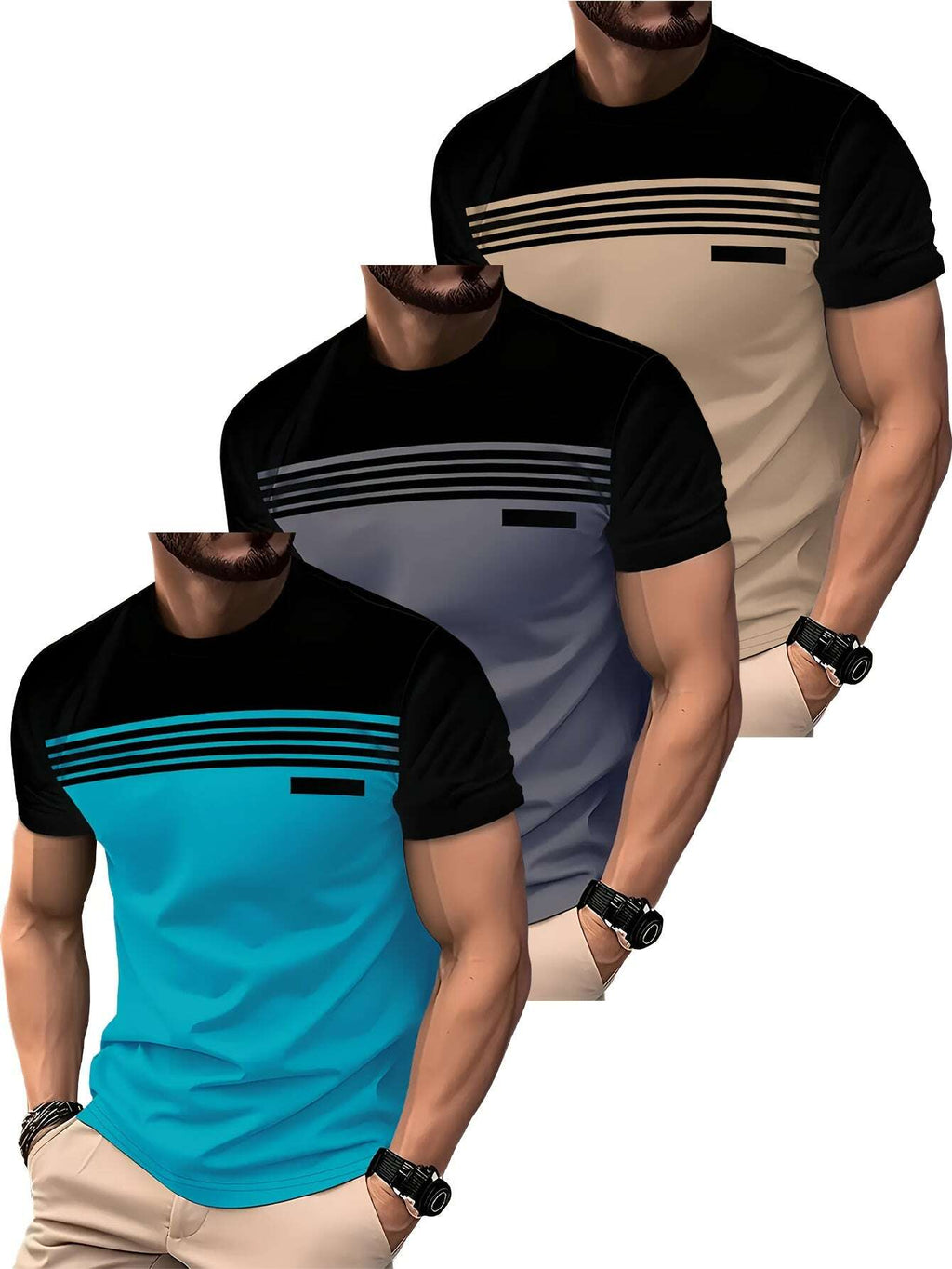 3 Pcs Men's Striped Short Sleeve T-Shirts - Casual Summer Tees in Black, Blue, Beige, Brown, Grey, Turquoise with Breathable Round Neck and Vertical Striped Sleeves - The Superior Findings Depot