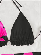 Women'S Black & Pink Floral Print Bikini Set with Ruffled Straps and Bow Detail - High-Stretch Polyester, Sleeveless Swimsuit for Beach or Pool, Beach Swimsuit|Floral Print Bikini|Polyester Fabric - The Superior Findings Depot