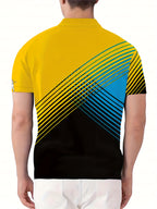 [Neon Polo Shirt] Neon Color Block 3D Digital Print Men's Summer Short Sleeve Polo Shirt | Casual Style, Regular Fit, 100% Polyester, Half Placket, Zipper Detail, Slight Stretch, 150g/m² - Yellow/Blue/Black