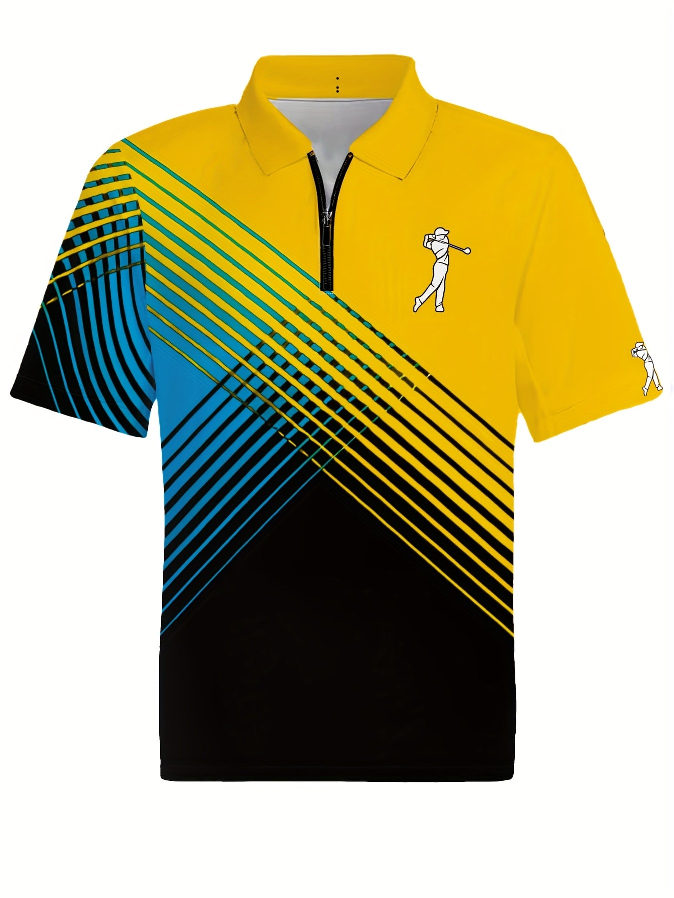 [Neon Polo Shirt] Neon Color Block 3D Digital Print Men's Summer Short Sleeve Polo Shirt | Casual Style, Regular Fit, 100% Polyester, Half Placket, Zipper Detail, Slight Stretch, 150g/m² - Yellow/Blue/Black