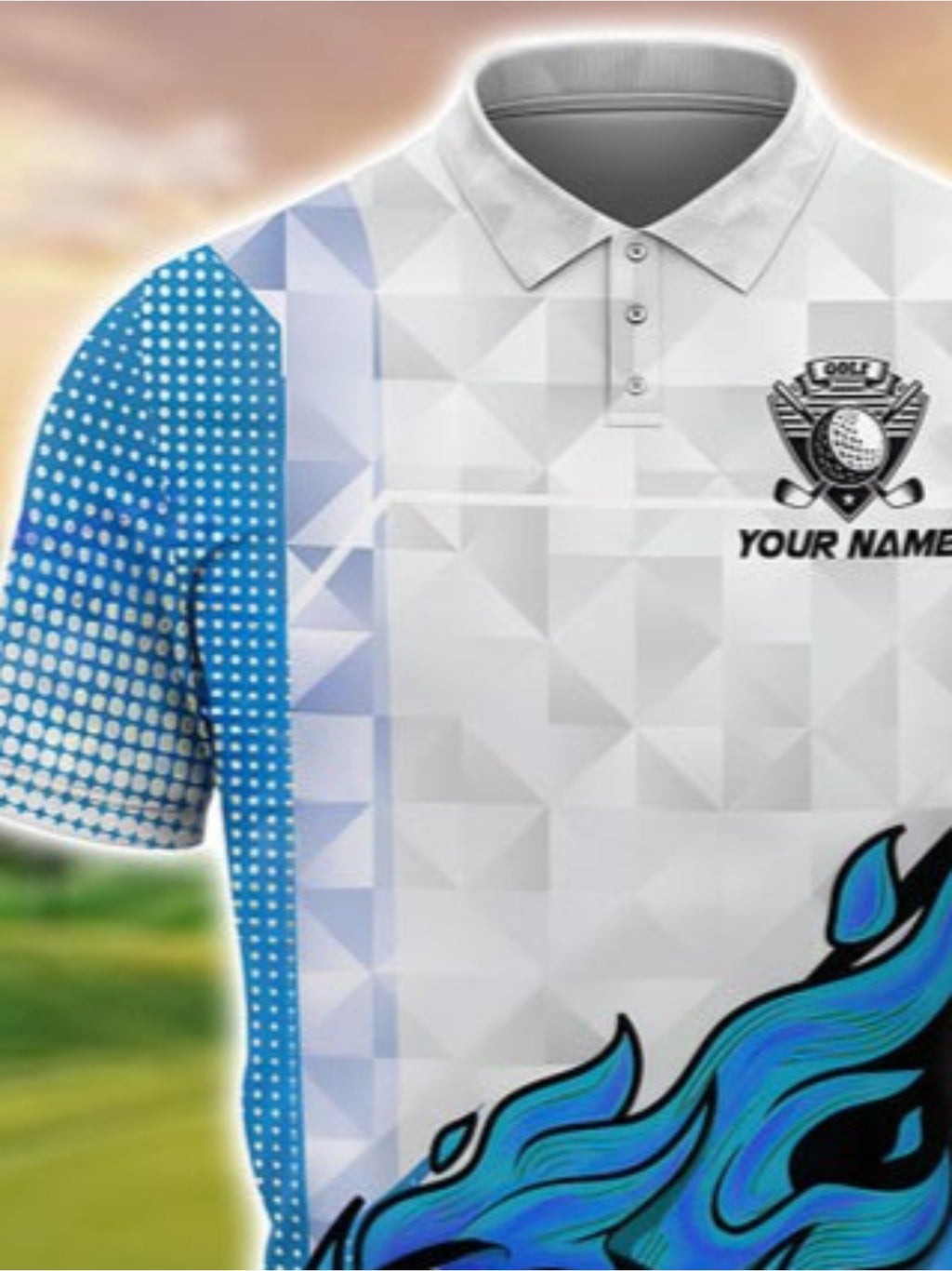 Men's Custom Golf Shirt - Blue & Black Flame with Golf Ball Accent