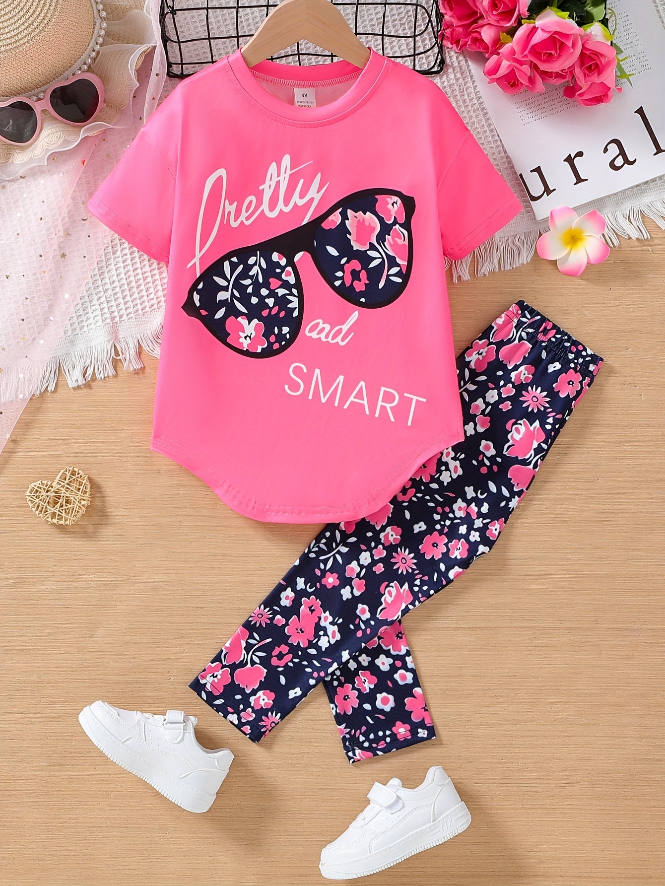 2pcs Girls' Clothing Party Slogan Large Glasses Print Pattern Drop Shoulder Irregular Hem Design Loose Short Sleeve T-Shirt + Floral Print Skinny Nine-Tenths Bottoms Set Girls' Summer Outfit Holiday Gift Girls' Fashion Casual - The Superior Findings Depot