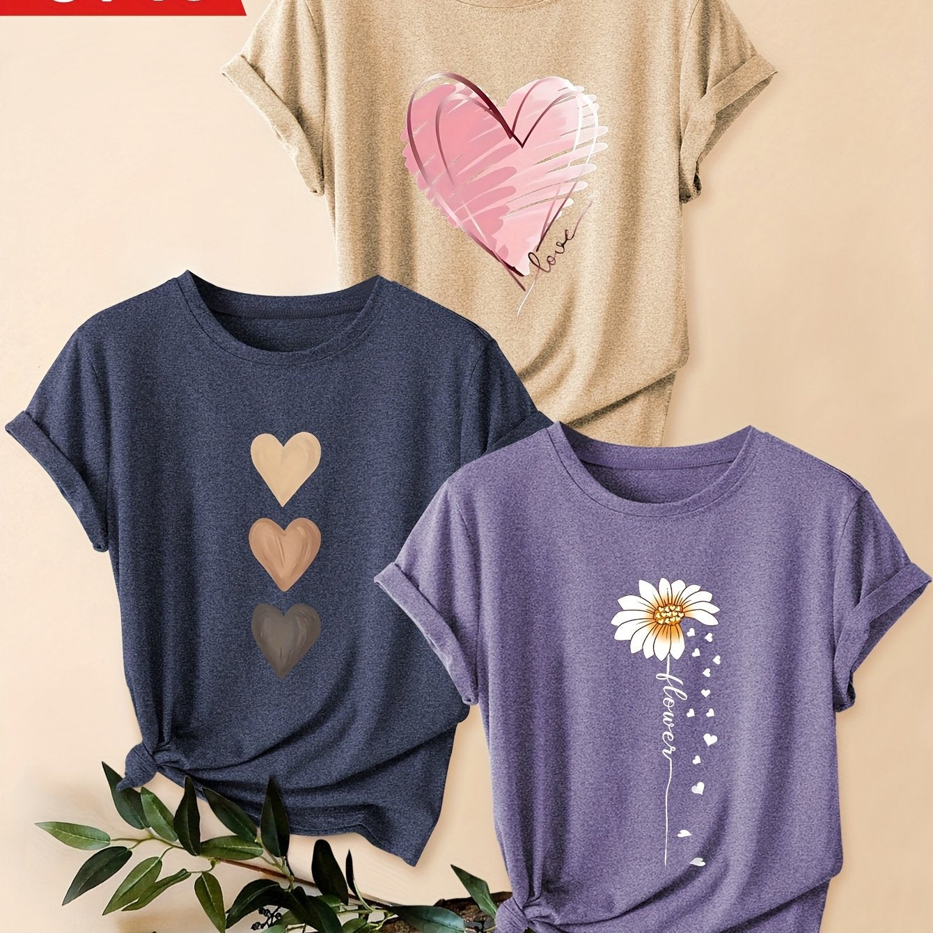 3pcs Women's Vintage-Inspired Graphic Tees - Floral & Heart Print Casual Short Sleeve T-Shirts, Soft Stretch Round Neck Tops for Spring Summer Fall,, Teal & Lavender, Seasonal Fashion, Artistic Design, Lightweight Tee, Printe - The Superior Findings Depot