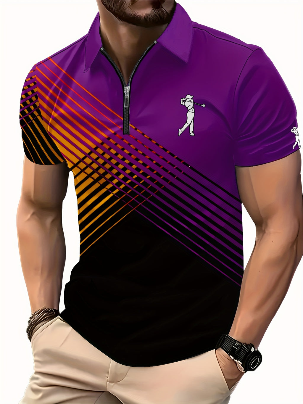 [Neon Polo Shirt] Neon Color Block 3D Digital Print Men's Summer Short Sleeve Polo Shirt | Casual Style, Regular Fit, 100% Polyester, Half Placket, Zipper Detail, Slight Stretch, 150g/m² - Yellow/Blue/Black