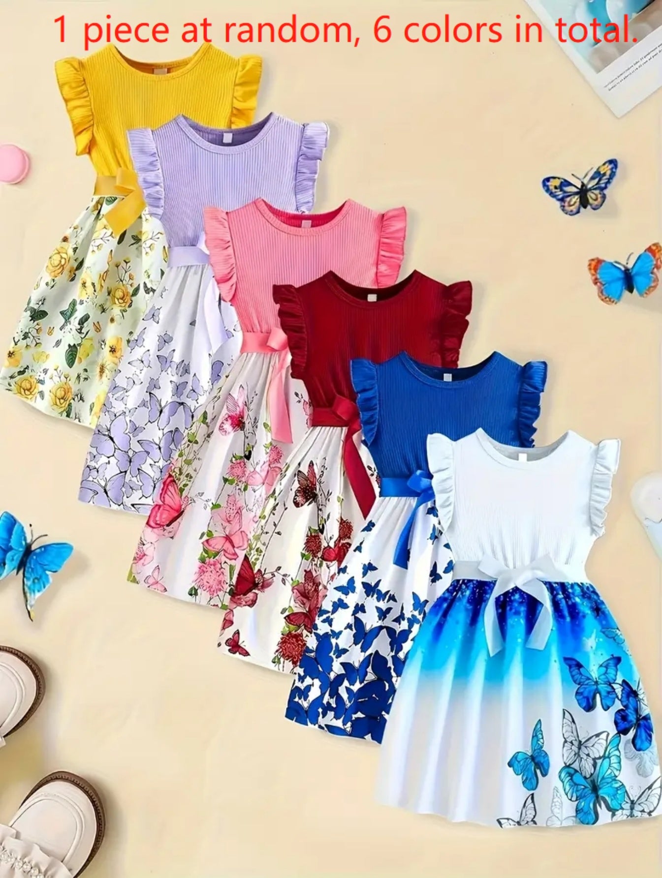 Girls' Cute Butterfly & Floral Print Princess Dress - 5 Styles Random