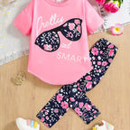 2pcs Girls' Clothing Party Slogan Large Glasses Print Pattern Drop Shoulder Irregular Hem Design Loose Short Sleeve T-Shirt + Floral Print Skinny Nine-Tenths Bottoms Set Girls' Summer Outfit Holiday Gift Girls' Fashion Casual - The Superior Findings Depot