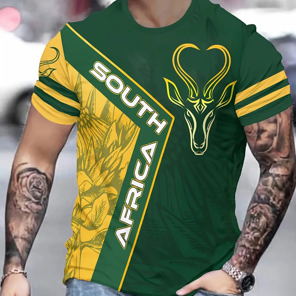 [Alae | 3D Printed Tribal] Alae Men's 3D Printed T-Shirt | South African Tribal Bright Green/Yellow | Rhino Horn Design, African Map Casual Short Sleeve Crew Neck, Machine Washable Regular Fit Safari Attire - The Superior Findings Depot