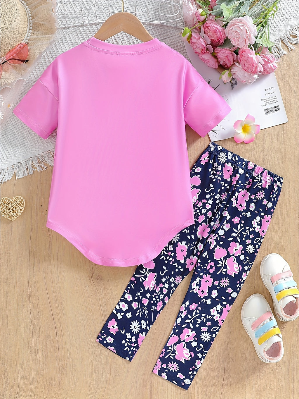 2pcs Girls' Clothing Party Slogan Large Glasses Print Pattern Drop Shoulder Irregular Hem Design Loose Short Sleeve T-Shirt + Floral Print Skinny Nine-Tenths Bottoms Set Girls' Summer Outfit Holiday Gift Girls' Fashion Casual - The Superior Findings Depot