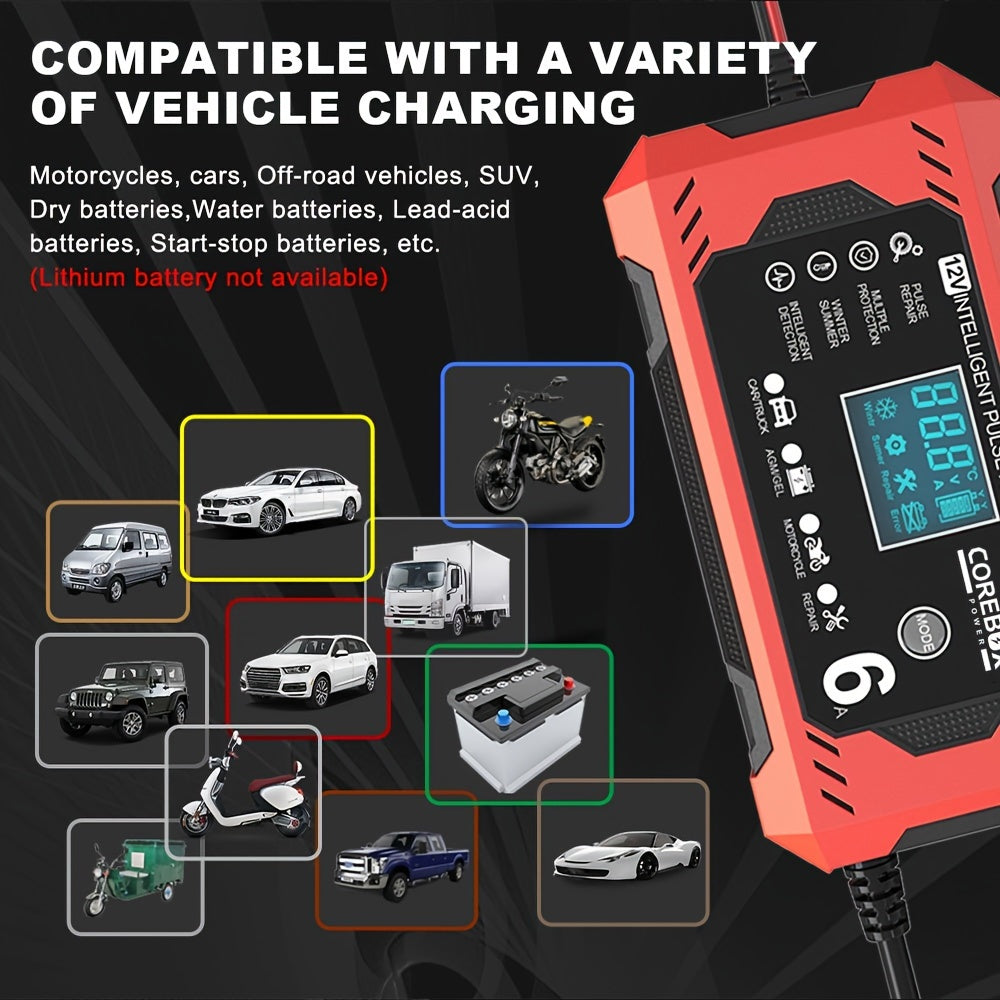 COREBOX 12V 6A Smart Battery Charger with LCD Display, 12V 6A Fast/Trickle Charger, Overcharge/Overheat/Short Circuit/Reverse Polarity, Automatic Switch Mode, Microprocessor Controlled, Compatible with AGM/GEL/SLA/Wet/EFB, 4- - The Superior Findings Depot