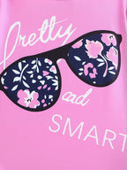 2pcs Girls' Clothing Party Slogan Large Glasses Print Pattern Drop Shoulder Irregular Hem Design Loose Short Sleeve T-Shirt + Floral Print Skinny Nine-Tenths Bottoms Set Girls' Summer Outfit Holiday Gift Girls' Fashion Casual - The Superior Findings Depot