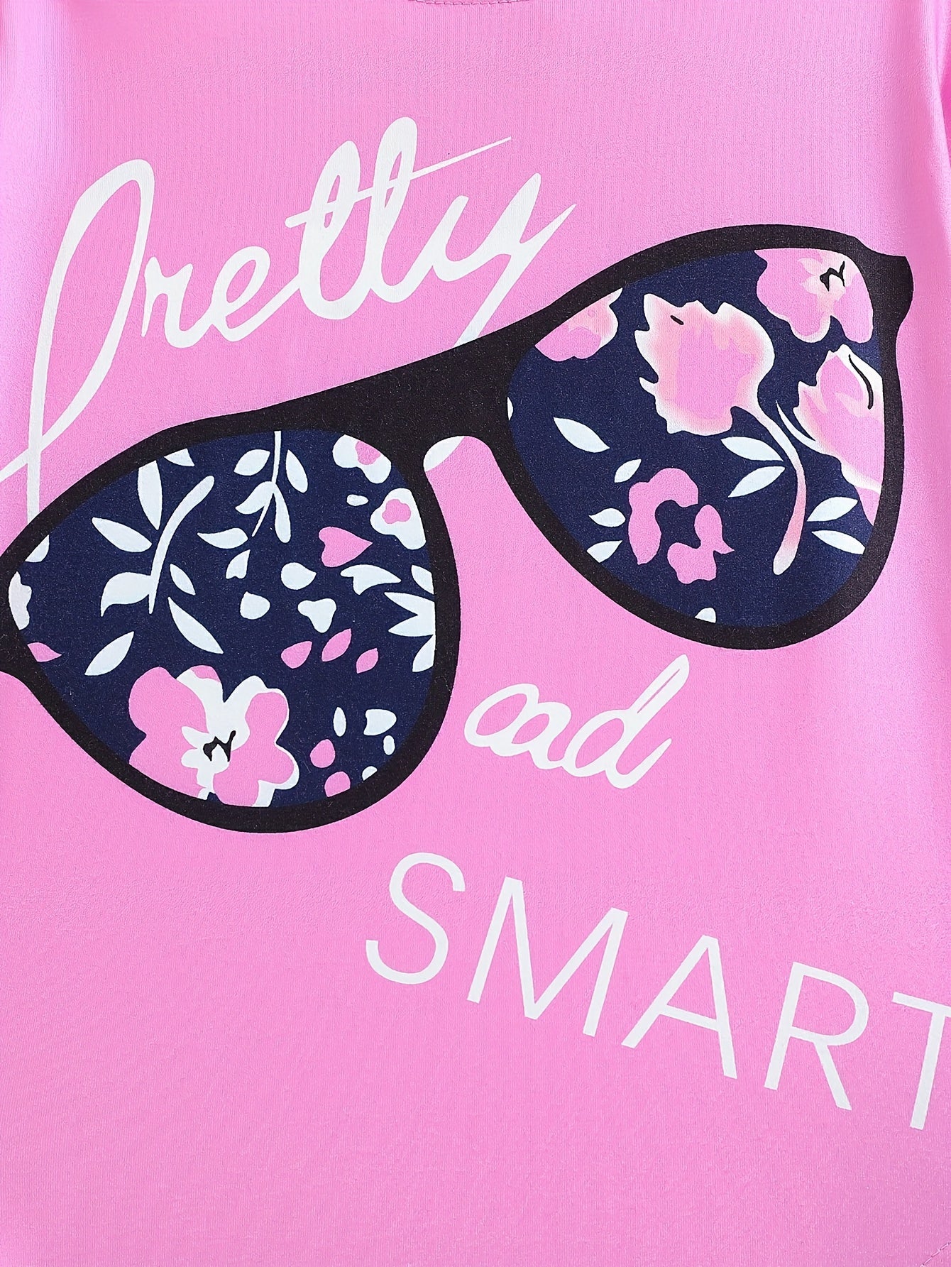 2pcs Girls' Clothing Party Slogan Large Glasses Print Pattern Drop Shoulder Irregular Hem Design Loose Short Sleeve T-Shirt + Floral Print Skinny Nine-Tenths Bottoms Set Girls' Summer Outfit Holiday Gift Girls' Fashion Casual - The Superior Findings Depot