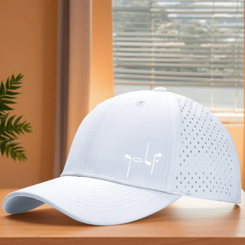 Golf-Themed 6-Panel Cap with Laser Hole Mesh Back, Quick-Dry Breathable Golf Ball & Club Print Hat, Lightweight Adjustable Buckle - 6 Colors (Black/White) for All-Season Outdoor Play, Casual Sportswear for Golfers.wov