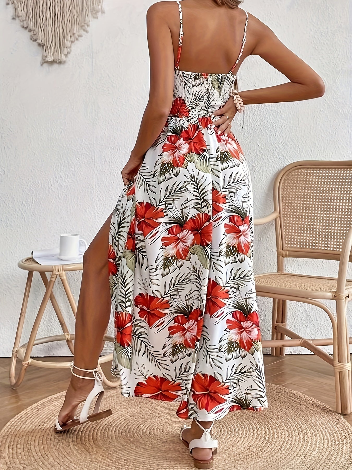 Floral Print Spaghetti Strap Dress, Elegant Sleeveless Split Dress For Spring & Summer, Women's Clothing - The Superior Findings Depot