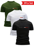 3pcs Men'S Lightweight Breathable T-Shirts - Quick-Dry Moisture-Wicking Round Neck Tops with Paris Print, All-Season Casual & Formal Wear, Sweat-Resistant - The Superior Findings Depot