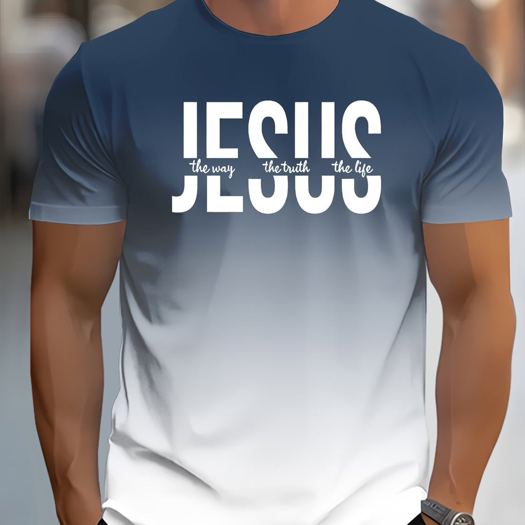 Men's Short Sleeve T-Shirt with Bold "JESUS THE WAY TRUTH LIFE" Print - Green & White Gradient Casual Round Neck Tee, Machine Washable Regular Fit Religious Graphic Top - The Superior Findings Depot