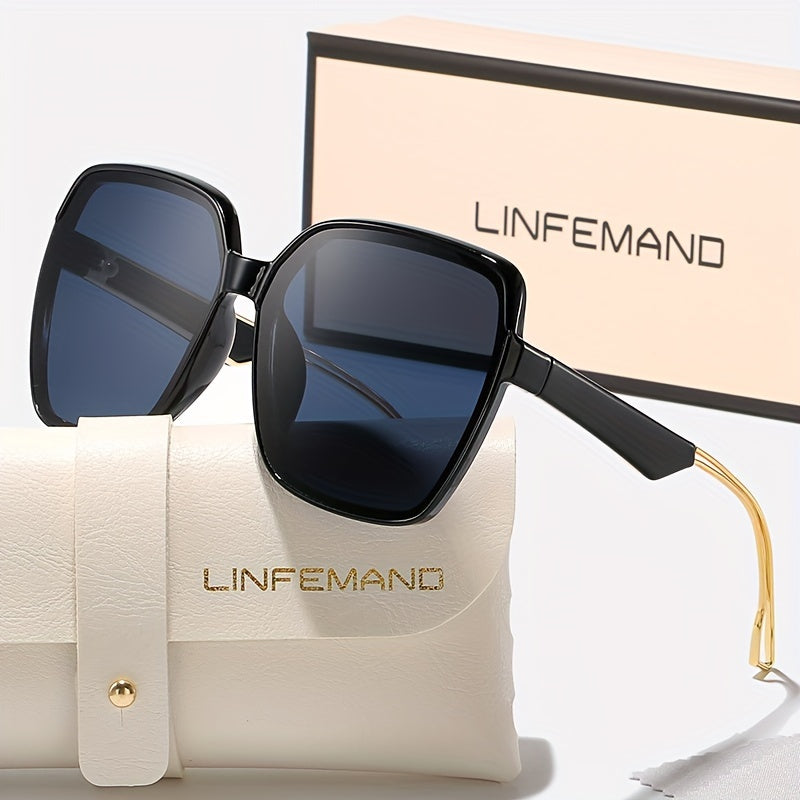 LINFEMAND Women'S Fashion Glasses - Large Rectangular Frame with Gradient Tinted Lenses, Golden Accents & Elegant White Case - Stylish Party Wear, Festival Gift, Festival Eyewear, Sophisticated Eyewear, Durable Eyewear - The Superior Findings Depot