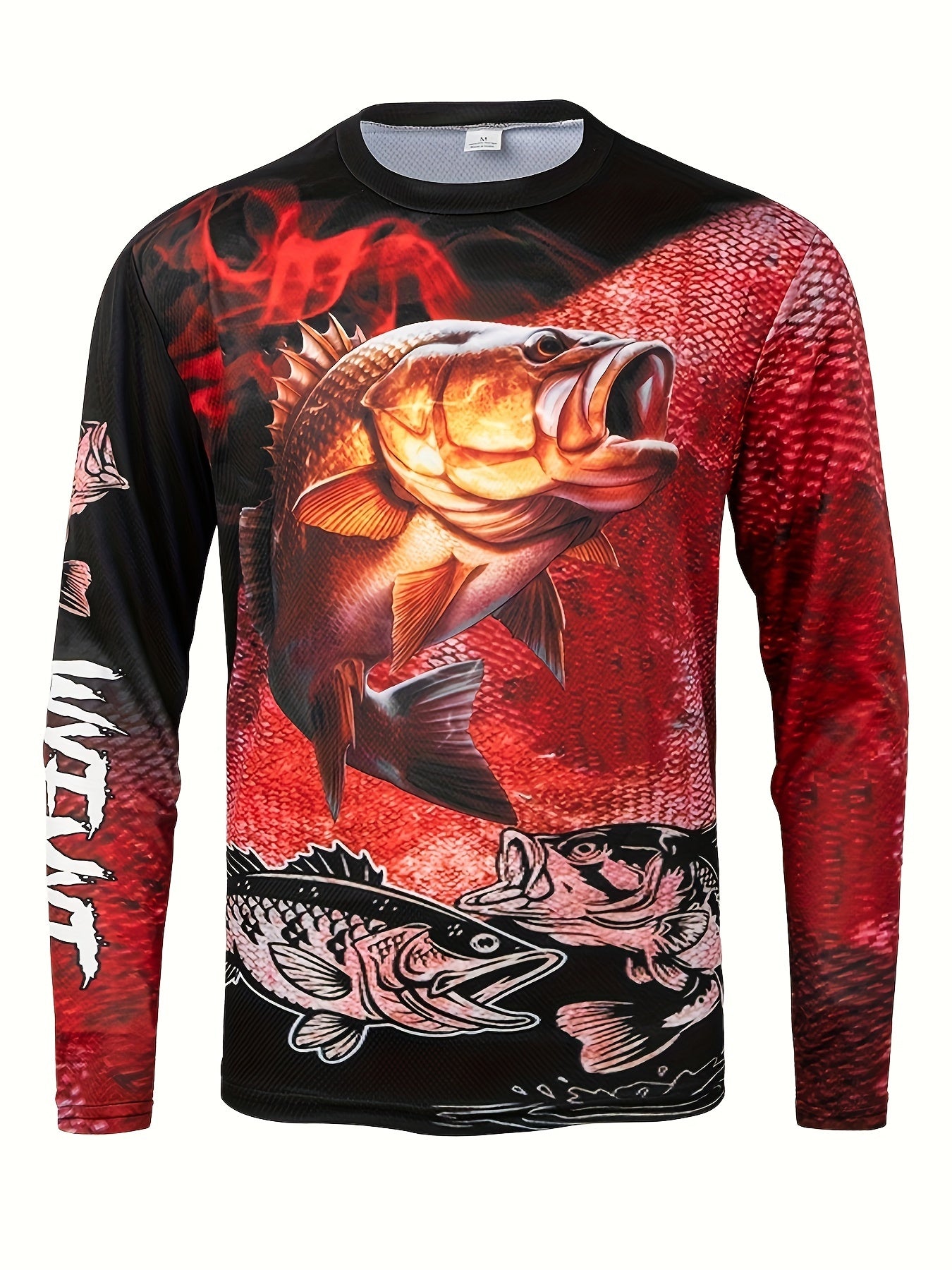 Men's Red Flame & Fish Print Long Sleeve T-Shirt - Quick-Dry