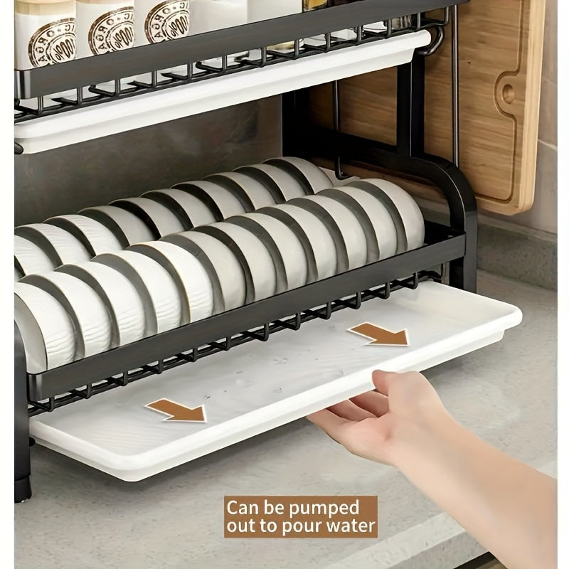 2025 Two/Three-Tier Carbon Steel Dish Rack with Drain Board, Cutlery Holder and Cup Hook - Space-Saving for Kitchen Countertop Storage - Black, No Electricity Required, Dish Drying Rack | Smooth Black Surface | Durable Kitche - The Superior Findings Depot