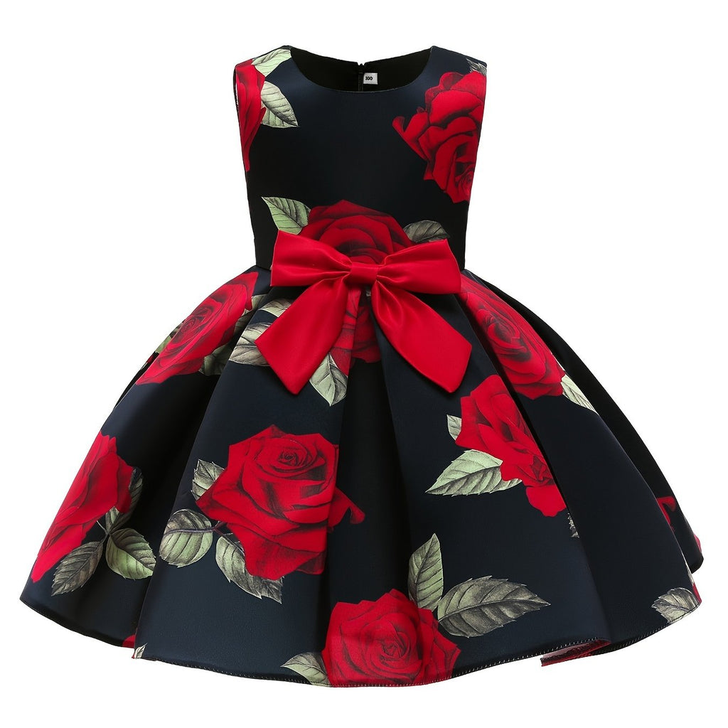 Girls Princess Dress - Floral Print Bowknot Formal Pageant Gown