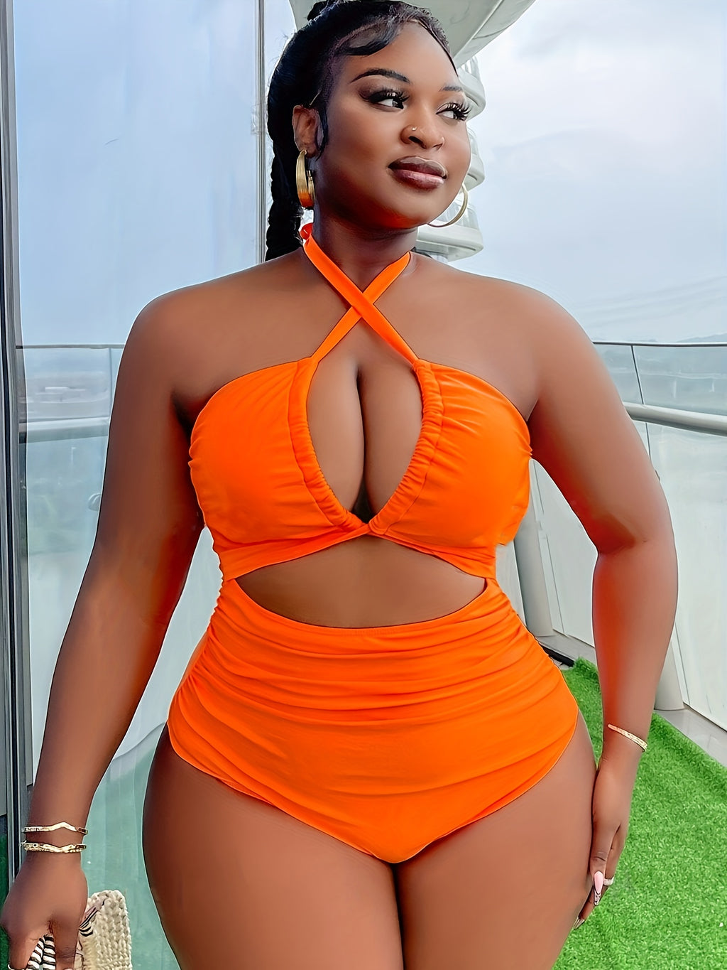 [Plus Size One-Piece Swimsuit] Unyooke Women's Plus Size Sexy Solid Orange One-Piece Swimsuit - Halter Neck High-Stretch Polyester Bathing Suit with Removable Chest Pads, Full Coverage & Smooth Texture for Beach, Pool, Vacati - The Superior Findings Depot