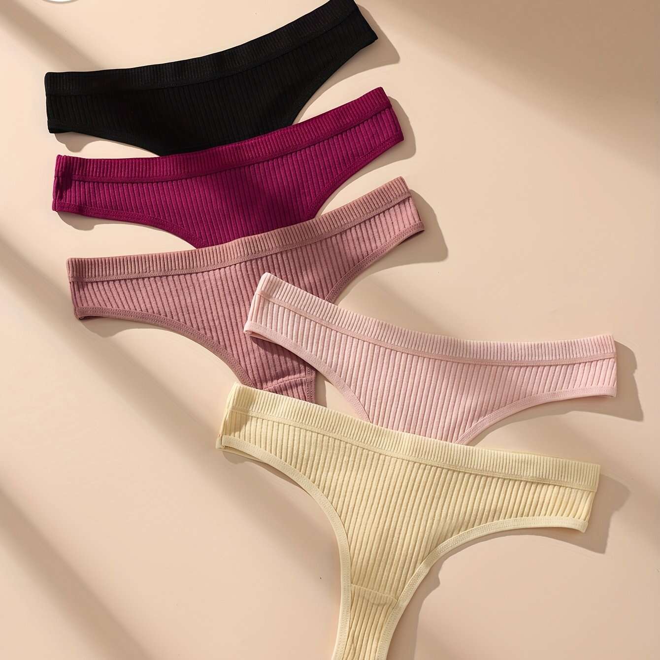 5pcs Women'S Low-Rise Thong Underwear - Soft Breathable Seamless Panties with Elastic Waistband, 5 Solid Colors (Black, Red, Pink, Beige, White) - Comfortable & Supportive V-String Design for Casual Attire, Comfortable Underw - The Superior Findings Depot