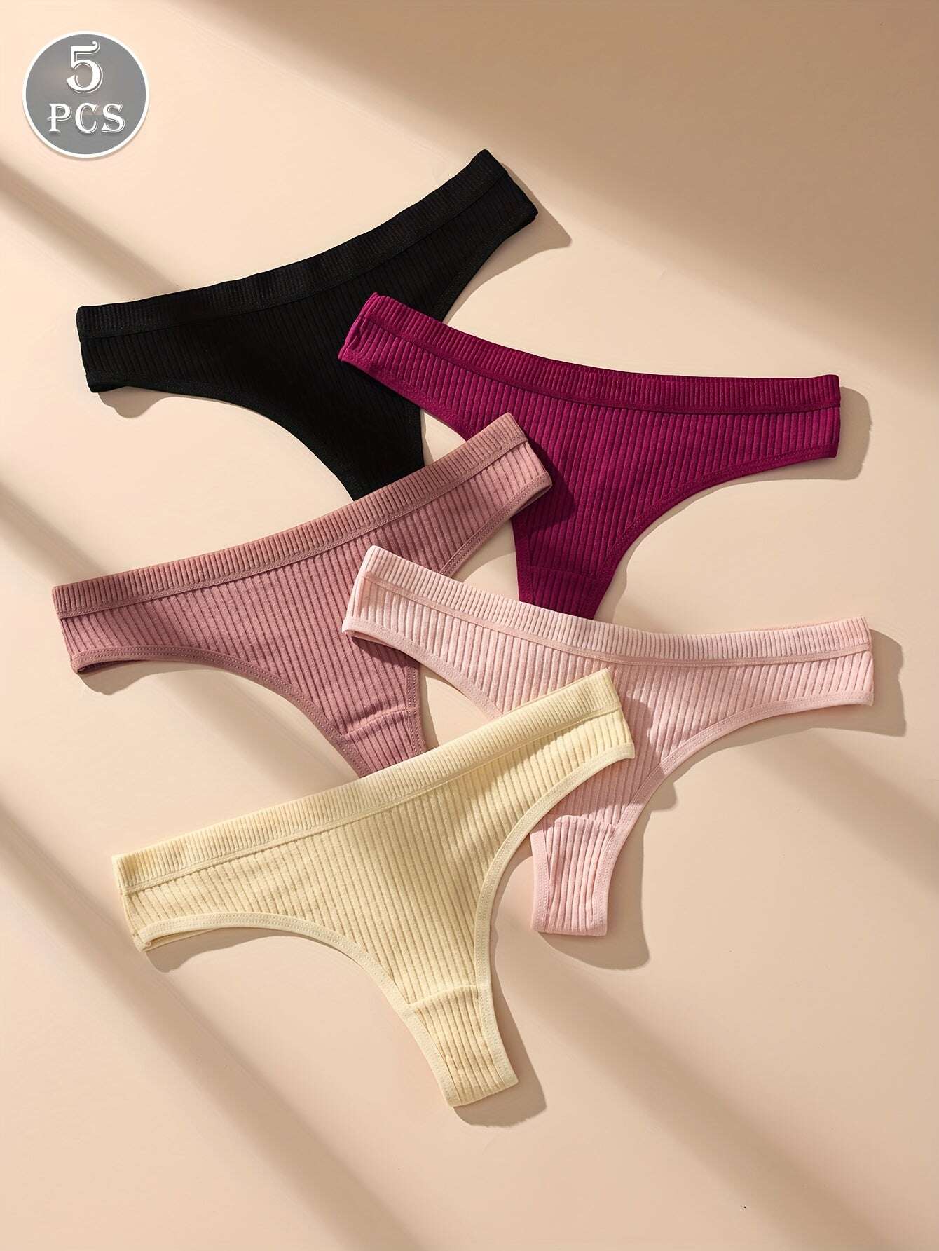 5pcs Women'S Low-Rise Thong Underwear - Soft Breathable Seamless Panties with Elastic Waistband, 5 Solid Colors (Black, Red, Pink, Beige, White) - Comfortable & Supportive V-String Design for Casual Attire, Comfortable Underw - The Superior Findings Depot