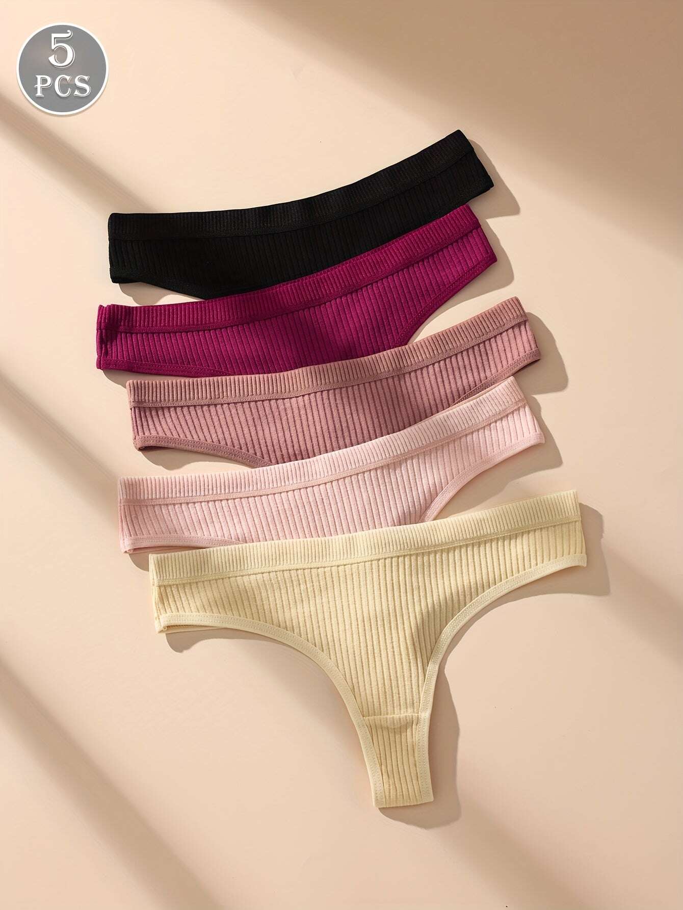 5pcs Women'S Low-Rise Thong Underwear - Soft Breathable Seamless Panties with Elastic Waistband, 5 Solid Colors (Black, Red, Pink, Beige, White) - Comfortable & Supportive V-String Design for Casual Attire, Comfortable Underw - The Superior Findings Depot