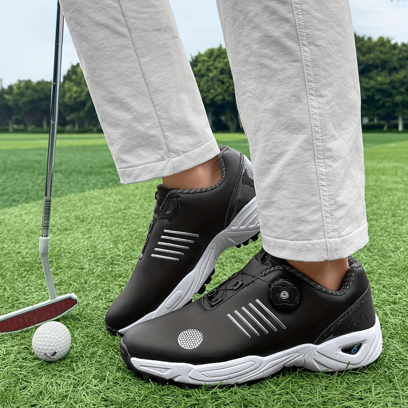 Men's Lightweight Golf Shoes with All-Day Traction - Breathable Synthetic & Rubber Sole for Grass Courses, Casual Wear & Outdoor Sports - White/Black Design, Casual Wear Shoes | Casual Athletic Design | Durable Rubber Sole, G