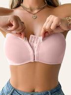 1pc Women's Strapless T-Shirt Bra with Front Clasp & 6-Row Zipper Closure - No Underwire Seamless Full Coverage, Removable Pads Breathable High-Elasticity Soft Pink for Yoga Gym Casual Outfits - All-Season Wear, Gym Tank Top - The Superior Findings Depot