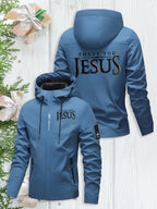 Men's Heavy-Duty Windproof Hooded Jacket with Jesus Logo & Bible Verse Print - Full-Zip Winter Coat, Golden-Tone Religious Design, Machine Washable Warm Outerwear for Church Events, Christmas Gifts (Full Back Print) - The Superior Findings Depot