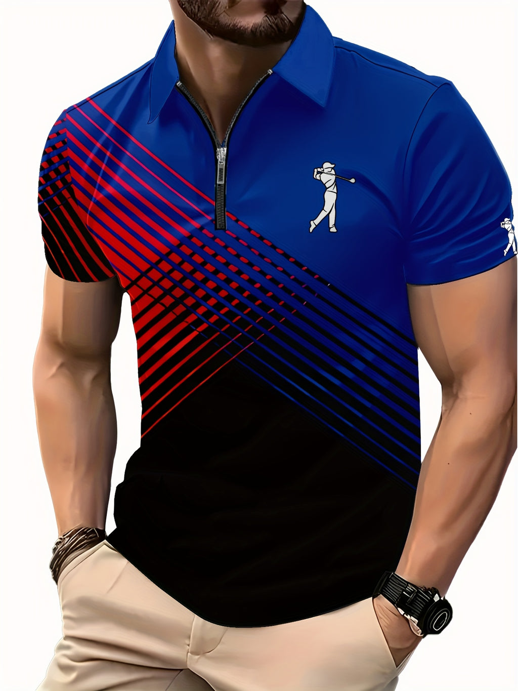 [Neon Polo Shirt] Neon Color Block 3D Digital Print Men's Summer Short Sleeve Polo Shirt | Casual Style, Regular Fit, 100% Polyester, Half Placket, Zipper Detail, Slight Stretch, 150g/m² - Yellow/Blue/Black