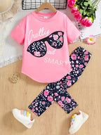 2pcs Girls' Clothing Party Slogan Large Glasses Print Pattern Drop Shoulder Irregular Hem Design Loose Short Sleeve T-Shirt + Floral Print Skinny Nine-Tenths Bottoms Set Girls' Summer Outfit Holiday Gift Girls' Fashion Casual - The Superior Findings Depot