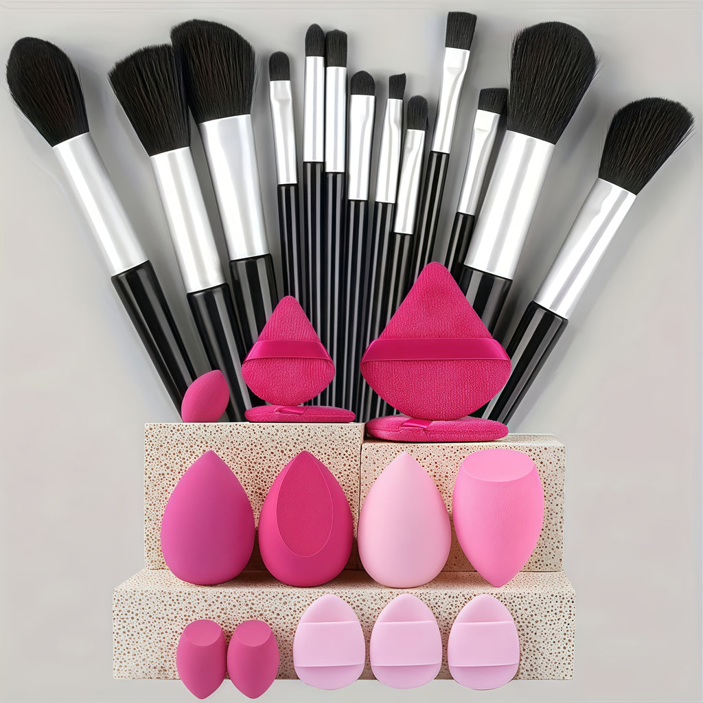 13pcs set of soft makeup brush, 8 mini brush &14 sponge set, soft makeup brush with cosmetic sponge, for makeup base pink, shadow of eyes, makeup brush for blurring Kabuki, beauty tools - The Superior Findings Depot
