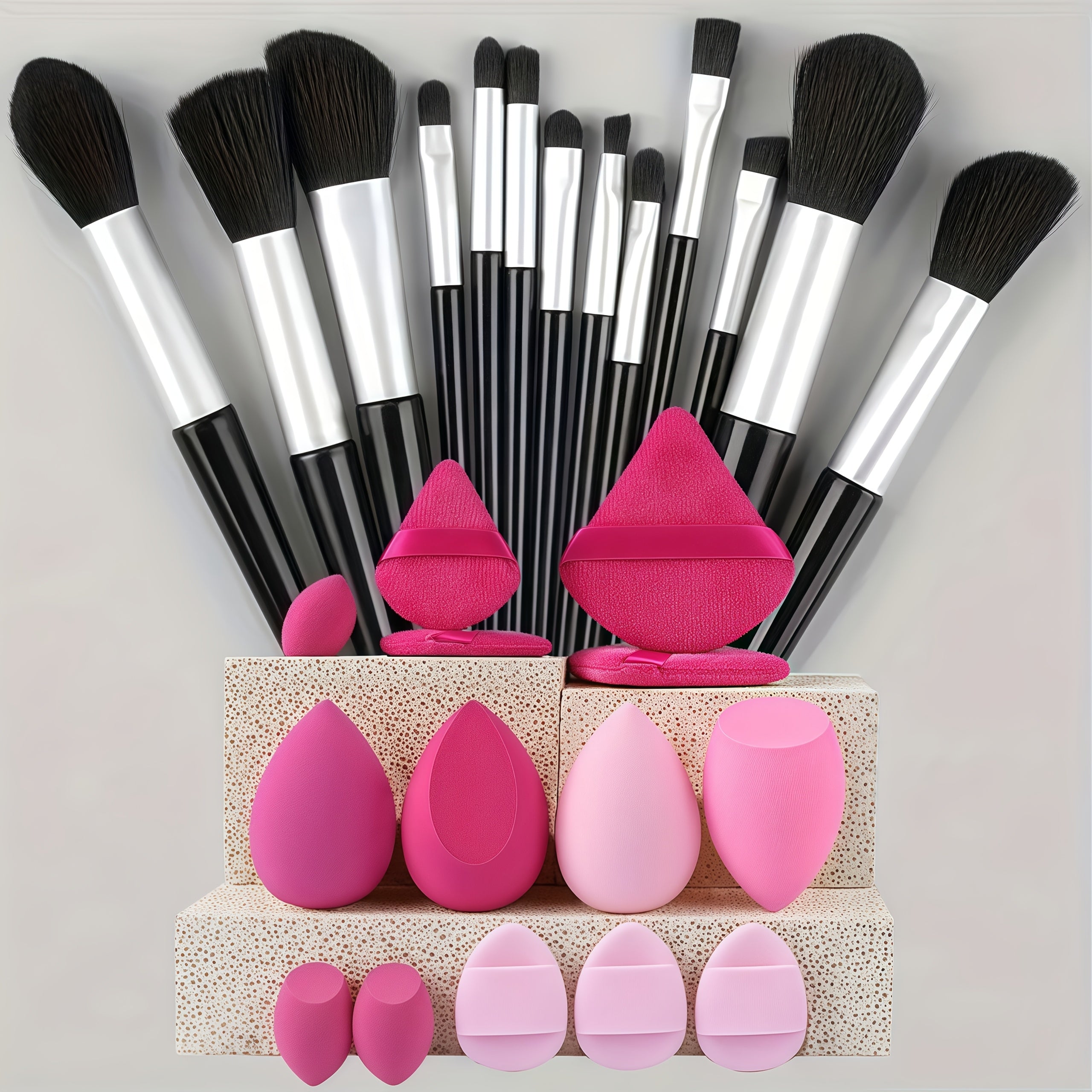 13pcs set of soft makeup brush, 8 mini brush &14 sponge set, soft makeup brush with cosmetic sponge, for makeup base pink, shadow of eyes, makeup brush for blurring Kabuki, beauty tools - The Superior Findings Depot