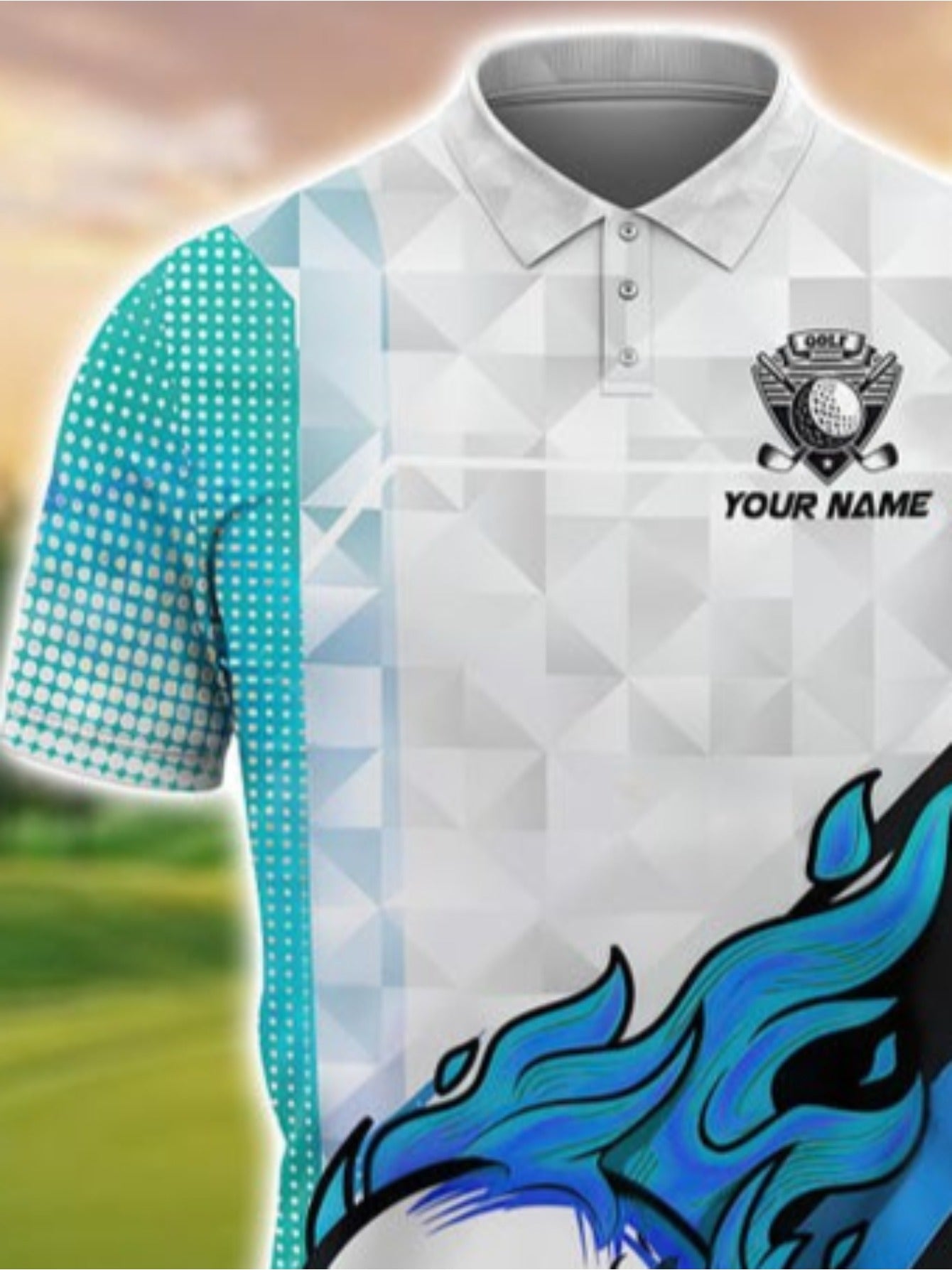 Men's Custom Golf Shirt - Blue & Black Flame with Golf Ball Accent