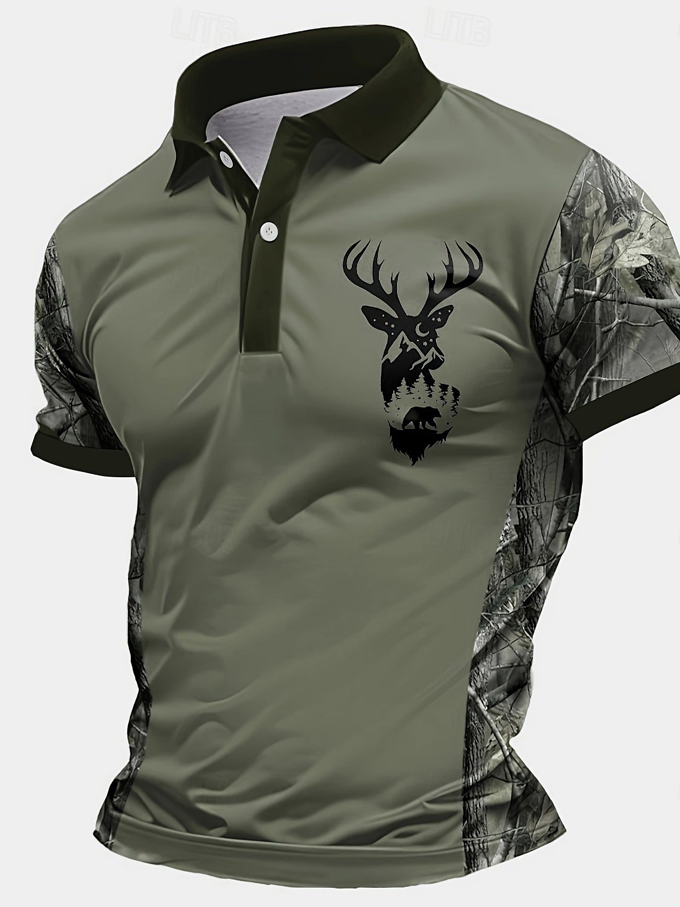 Men's Camouflage Sleeve Shirt - Khaki Base with Elk Print