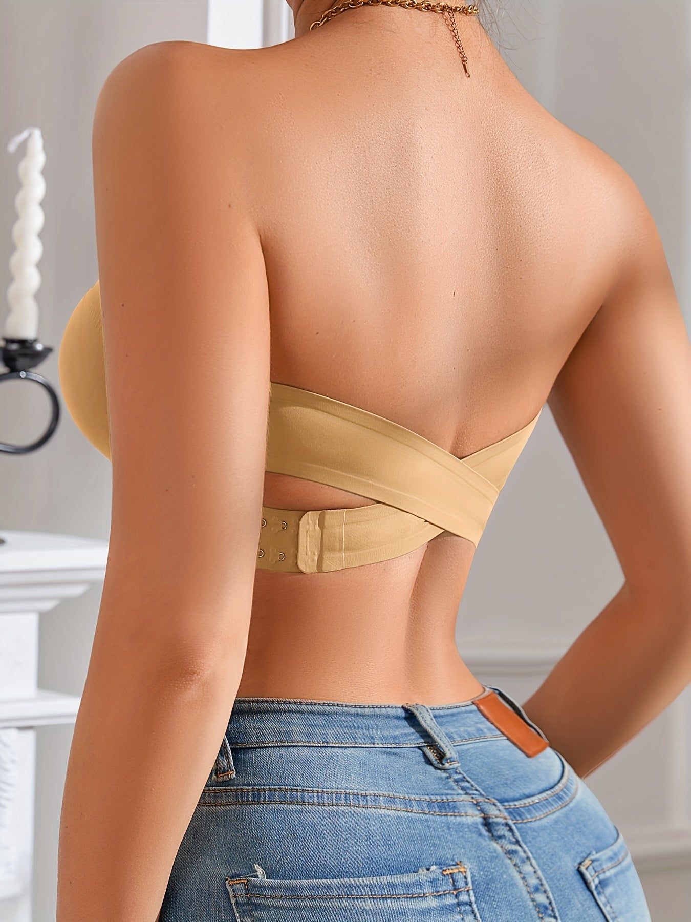 Seamless Strapless Bandeau Bra for Women - Anti-Slip, Cross-Back Design with Side Closure, Wireless & Padded - Comfortable Nylon Blend, Removable Pads for Casual Wear, Plus Size Bra - The Superior Findings Depot
