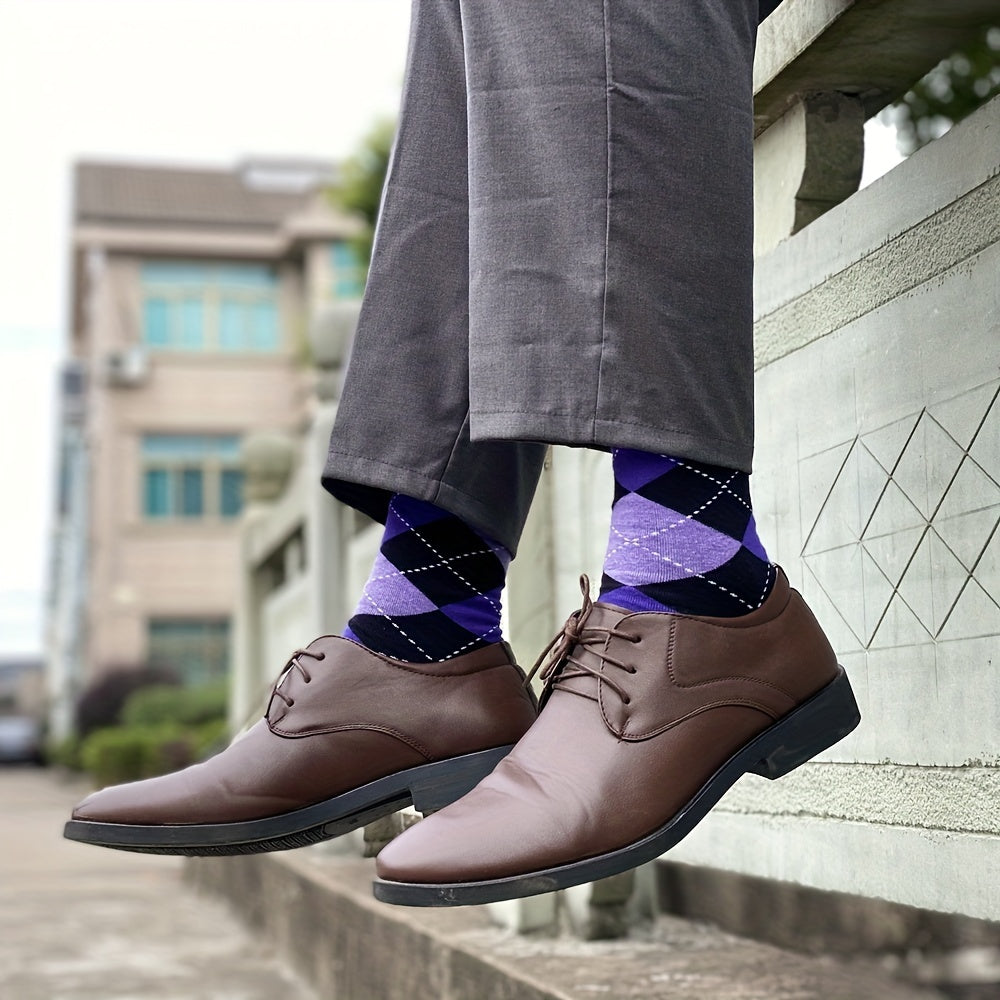 5pairs Men's Cotton Argyle Color Block Soft Crew Socks, Men's Business Socks, Multicolor Set - The Superior Findings Depot