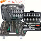 [Mechanical Tool Socket Set] 216/46pcs Mechanical Tool Socket Set, 1/2” 1/4” 3/8” Drive SAE and Metric Sizes, Universal Ratchet Wrench Kit with 72-Tooth Ratchets for Automotive, Home, Garage, Bicycle Trunk Use - The Superior Findings Depot