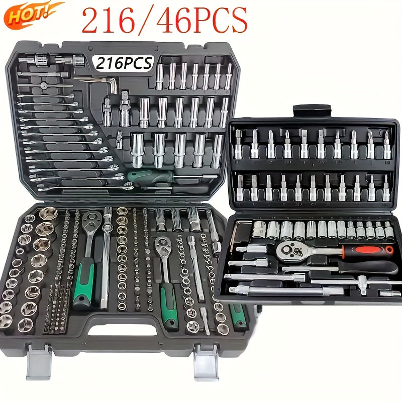 [Mechanical Tool Socket Set] 216/46pcs Mechanical Tool Socket Set, 1/2” 1/4” 3/8” Drive SAE and Metric Sizes, Universal Ratchet Wrench Kit with 72-Tooth Ratchets for Automotive, Home, Garage, Bicycle Trunk Use - The Superior Findings Depot