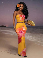 Women'S Elegant Off-Shoulder Floral Print Maxi Skirt Set - Vibrant Yellow with Pink & Orange Flowers, High-Waisted, Flowy Design, Perfect for Beach or Summer Outings, Beach Attire|Floral Print Skirt|Backless Skirt - The Superior Findings Depot