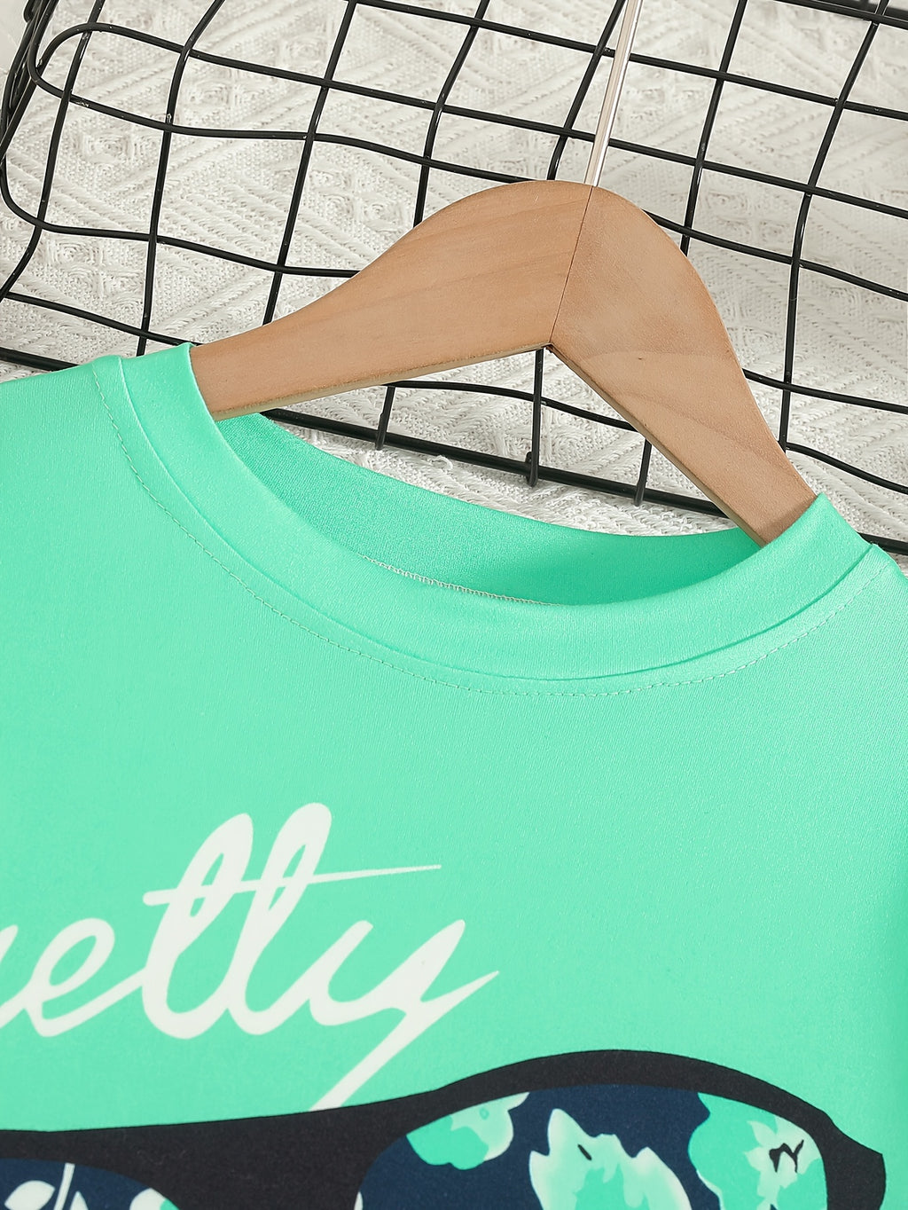 2pcs Girls' Clothing Party Slogan Large Glasses Print Pattern Drop Shoulder Irregular Hem Design Loose Short Sleeve T-Shirt + Floral Print Skinny Nine-Tenths Bottoms Set Girls' Summer Outfit Holiday Gift Girls' Fashion Casual - The Superior Findings Depot