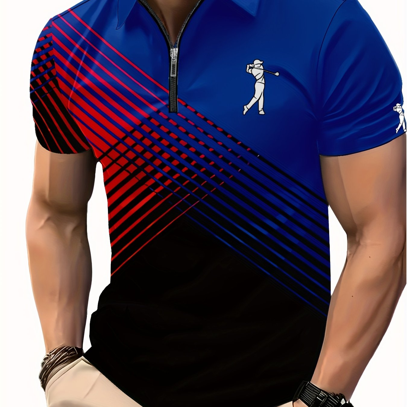 [Neon Polo Shirt] Neon Color Block 3D Digital Print Men's Summer Short Sleeve Polo Shirt | Casual Style, Regular Fit, 100% Polyester, Half Placket, Zipper Detail, Slight Stretch, 150g/m² - Yellow/Blue/Black