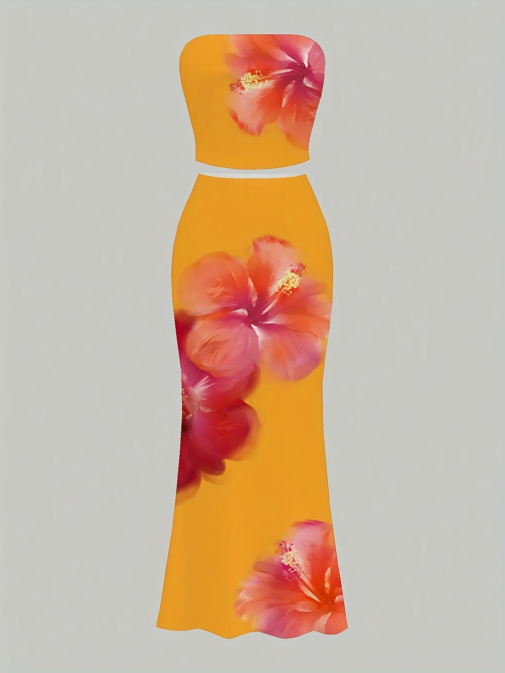 Women'S Elegant Off-Shoulder Floral Print Maxi Skirt Set - Vibrant Yellow with Pink & Orange Flowers, High-Waisted, Flowy Design, Perfect for Beach or Summer Outings, Beach Attire|Floral Print Skirt|Backless Skirt - The Superior Findings Depot